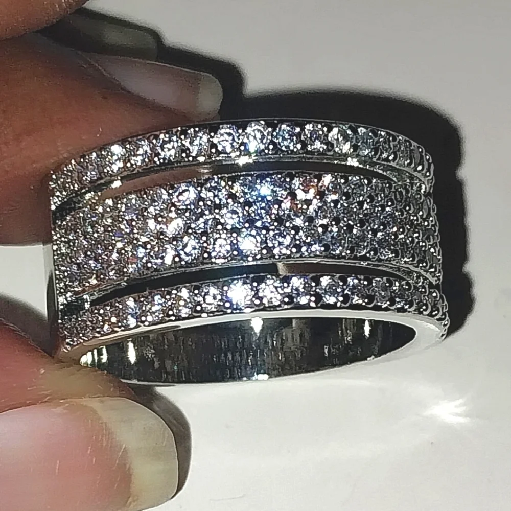 Unisex 925 Sterling Silver Pave Band Ring Sz 10